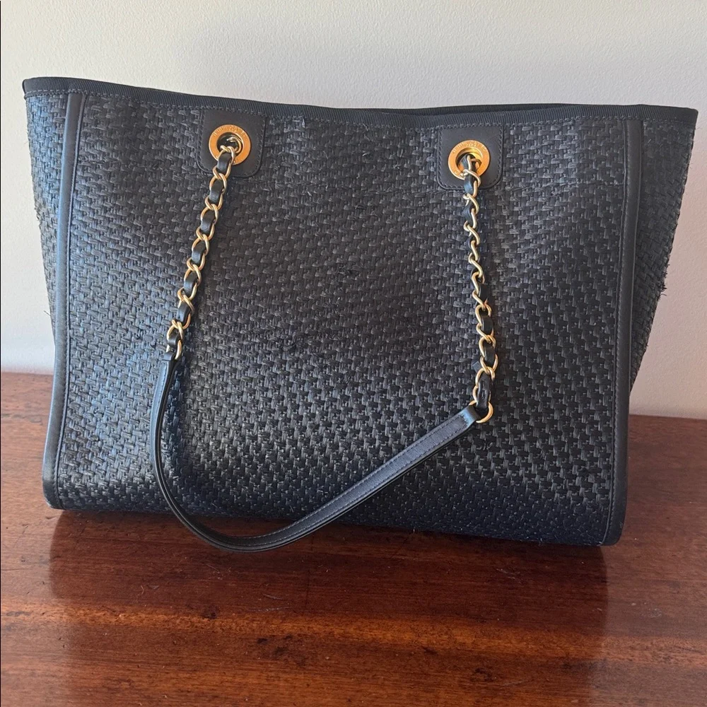 CHANEL Straw Raffia‎ Calfskin Chain Deauville Tote Black